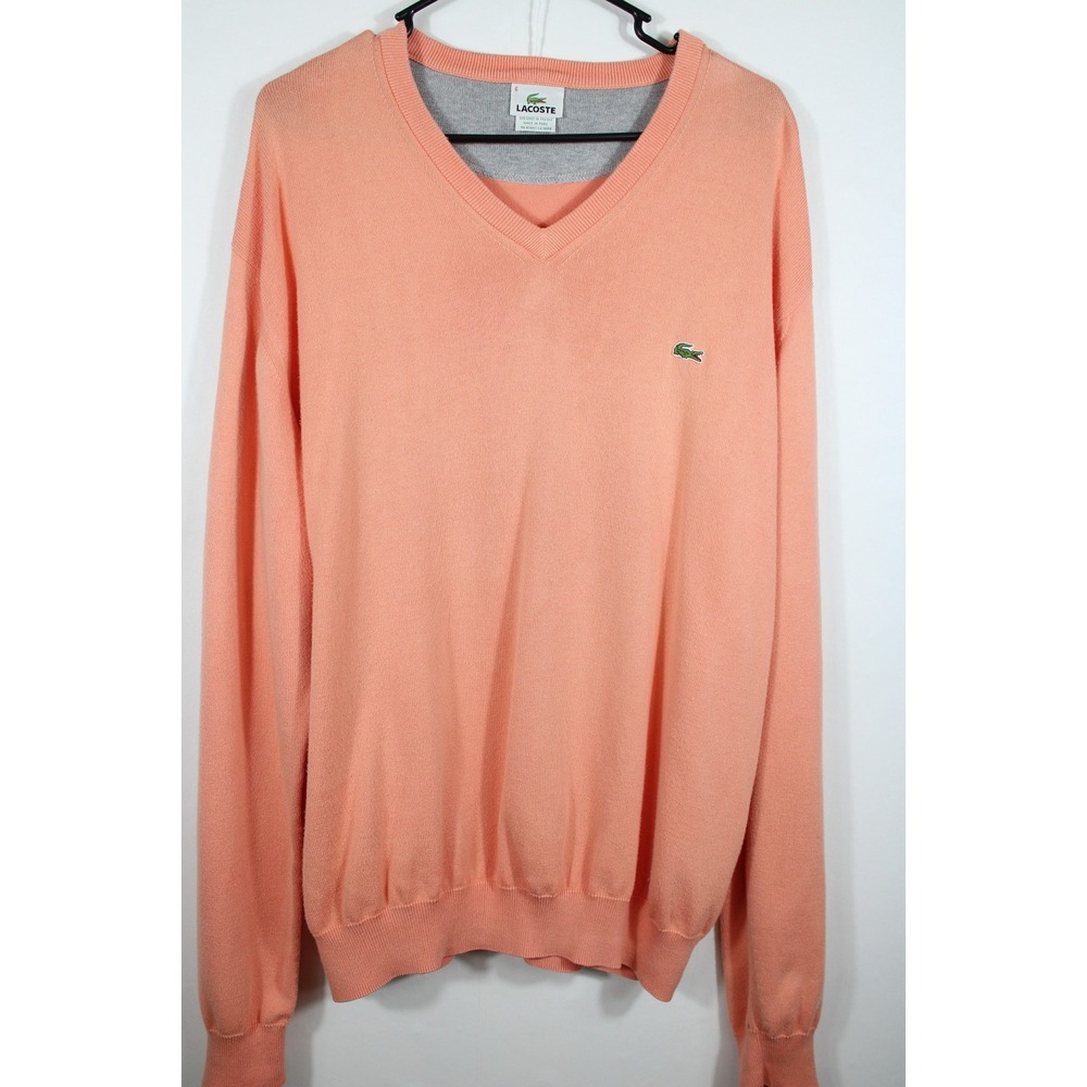 Lacoste Mens V-Neck Sweater Size XL Peach 100% Cotton Pullover Logo